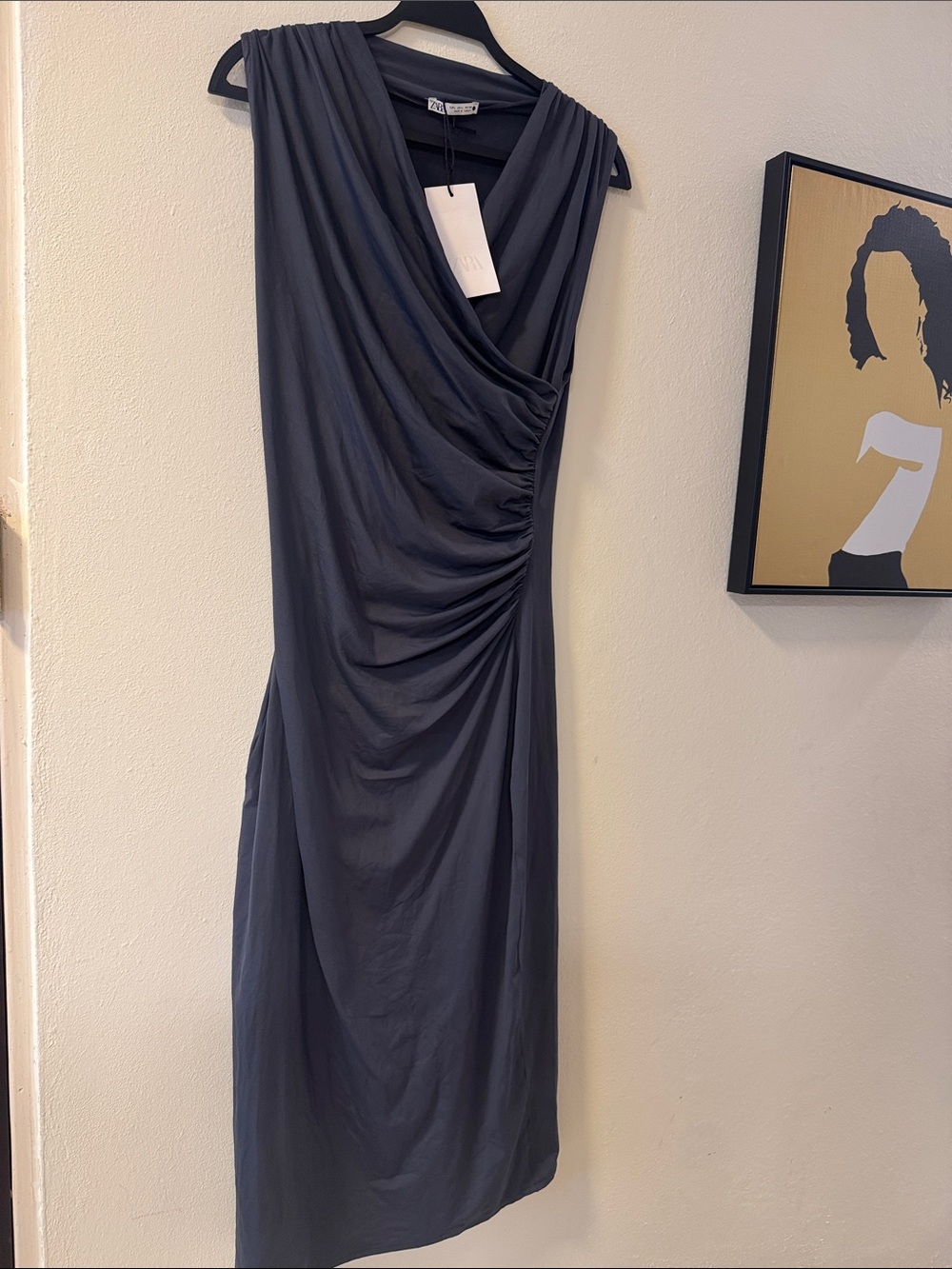 Zara Sleeveless Draped V-Neck Midi Dress - Charcoal Gray
